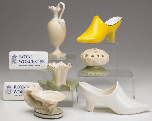 Appraisal: ROYAL WORCESTER Grouping of eight pieces includes two novelty shoes