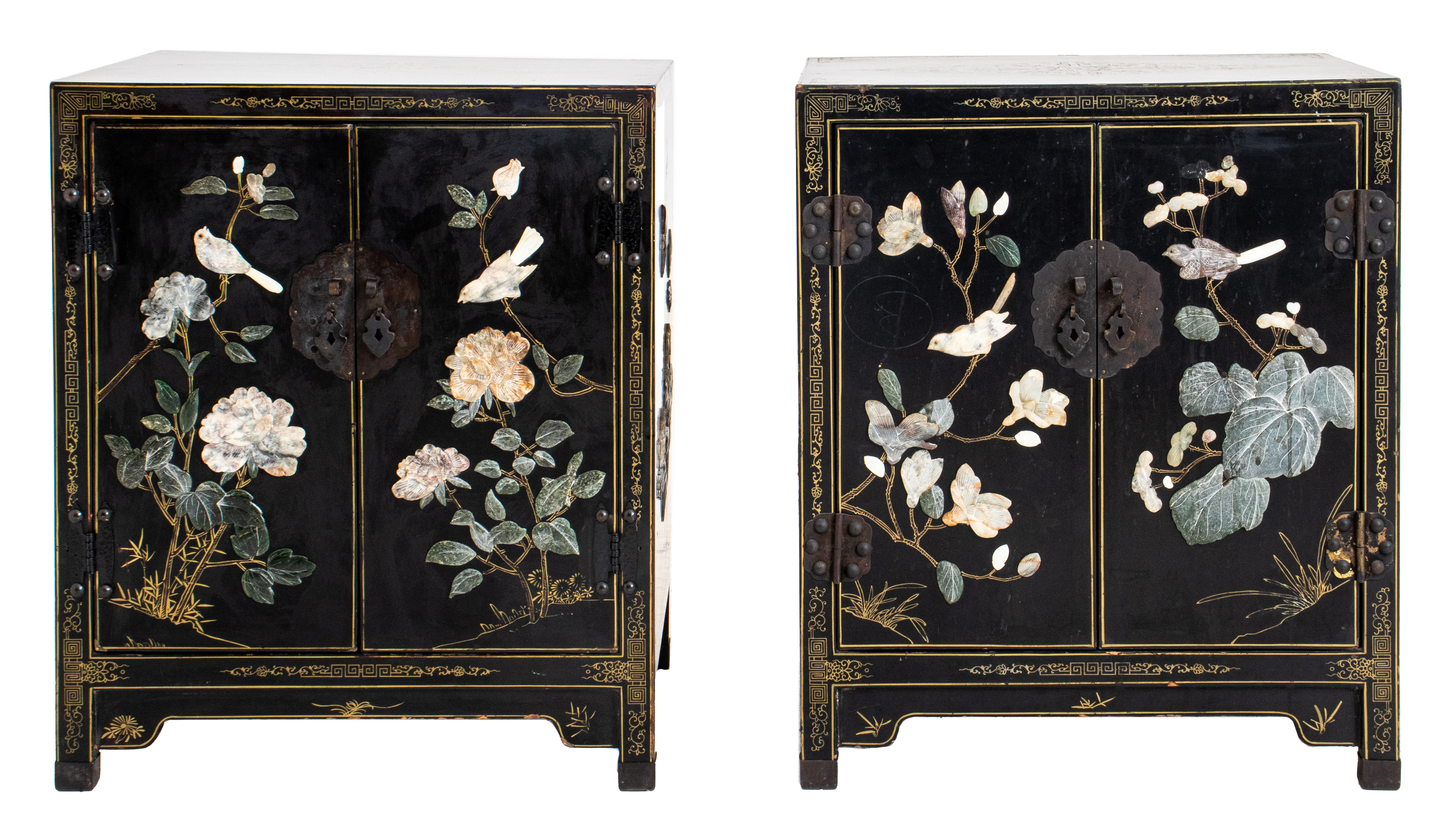 Appraisal: CHINESE HARDSTONE INLAID AND EBONIZED CABINETS PR Chinese hardstone inlaid