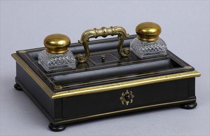 Appraisal: REGENCY BRASS-INLAID BLACK LACQUER INK STAND The top with brass-lidded