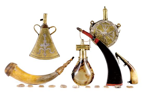 Appraisal: Collection European and American powderhorns and flasks wood bone horn