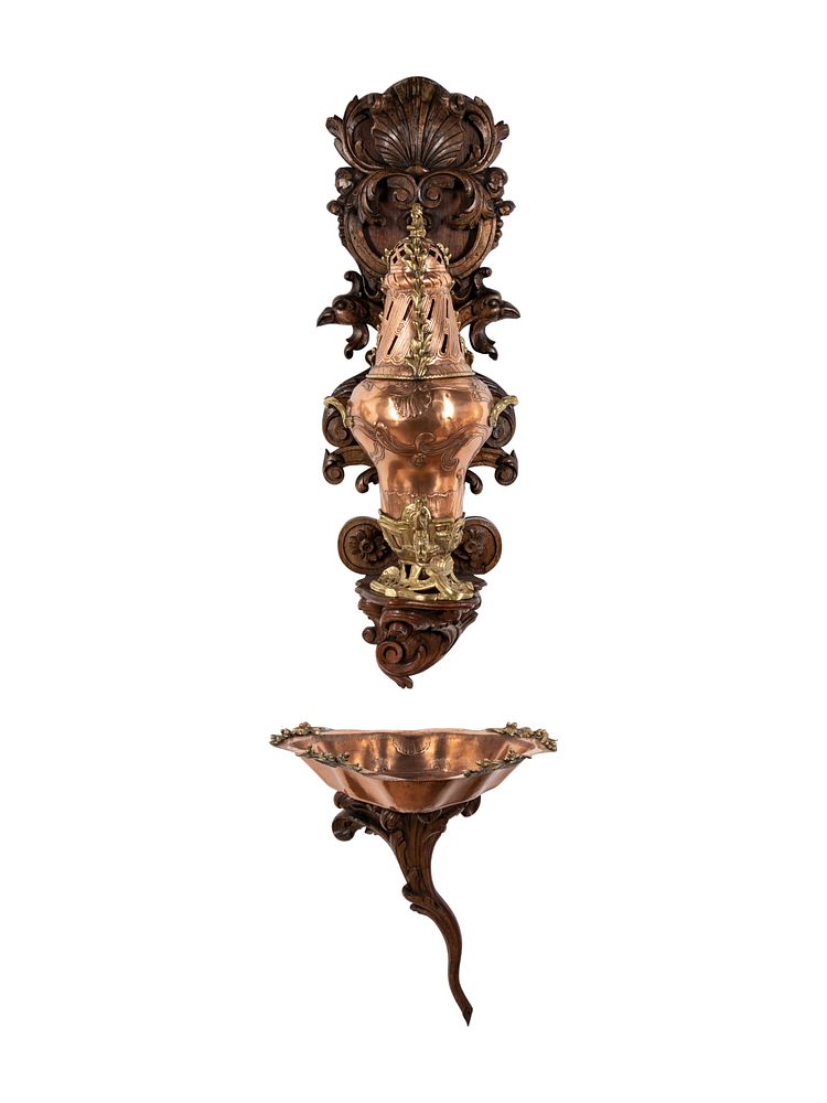 Appraisal: A French Copper and Brass Lavabo and Basin Set in