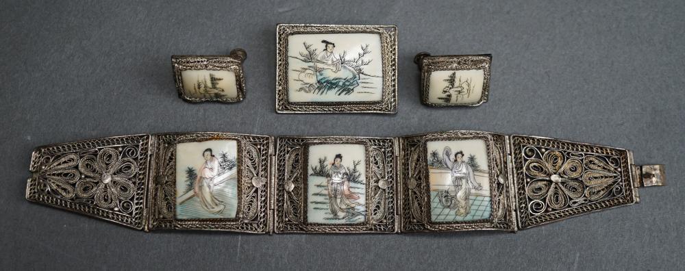 Appraisal: Chinese Filigree Silver and Enamel Painted Bracelet a Brooch and