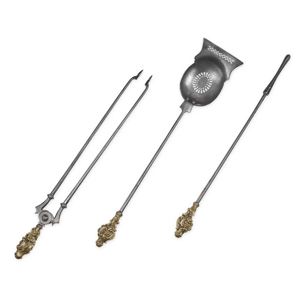 Appraisal: SET OF GEORGIAN STYLE AND BRASS FIRE IRONS TH TH