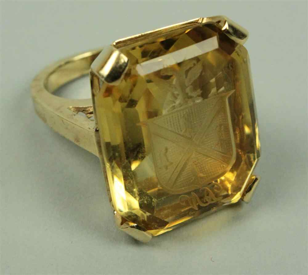 Appraisal: CITRINE GLASS TASSIE SEAL RING the finely carved seal with