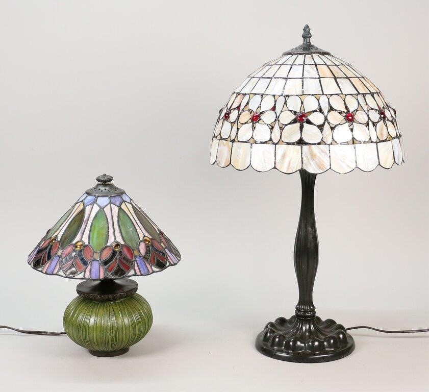 Appraisal: QUOIZEL LEADED GLASS LAMPS Quoizel table lamps Patinated metal bases