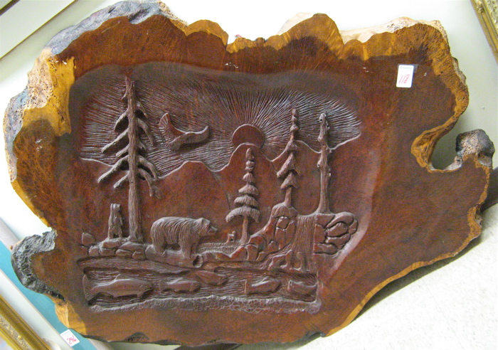 Appraisal: A REDWOOD LARGE WALL PLAQUE hand carved in deep relief