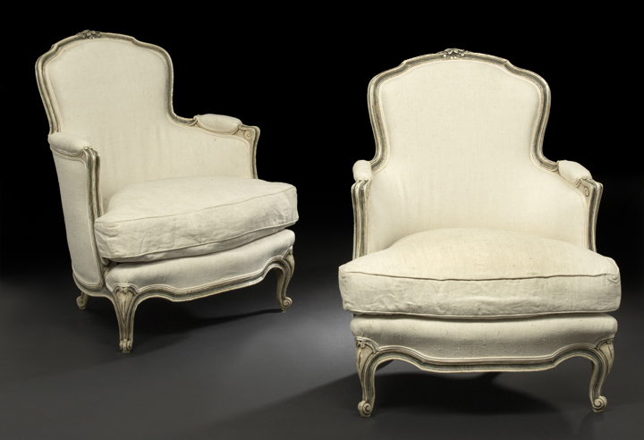 Appraisal: Pair of Louis XV-Style Polychromed Bergeres early th century each