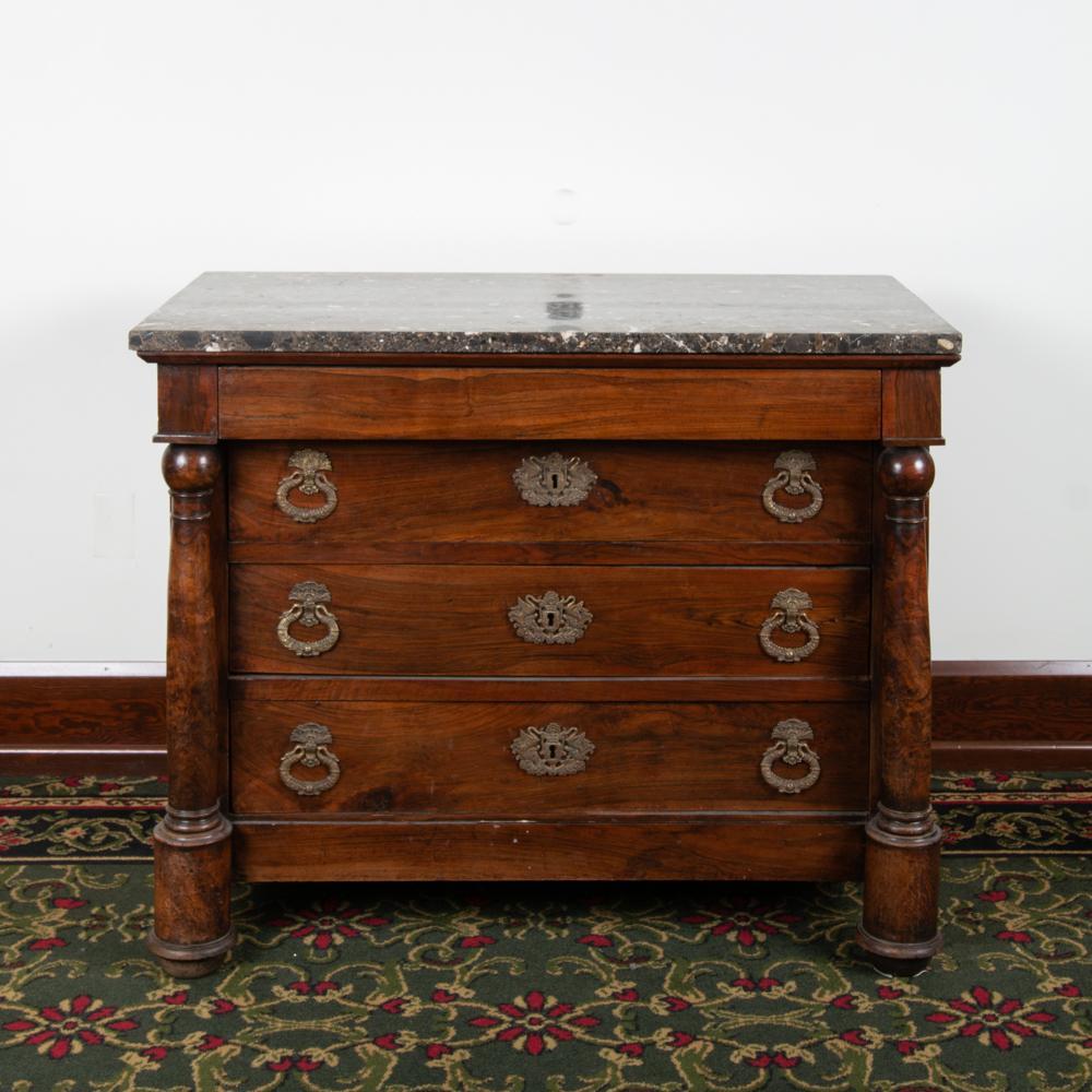 Appraisal: TH C FRENCH EMPIRE MARBLE-TOP MAHOGANY CHEST Four drawers flanked