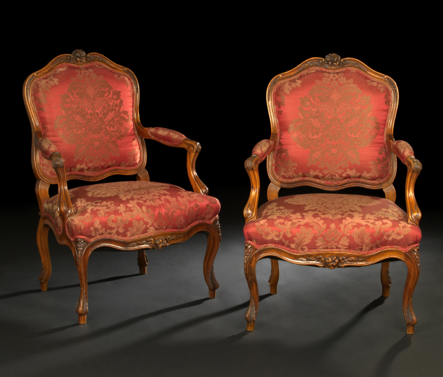 Appraisal: Pair of Louis XV-Style Carved Walnut Fauteuils early th century