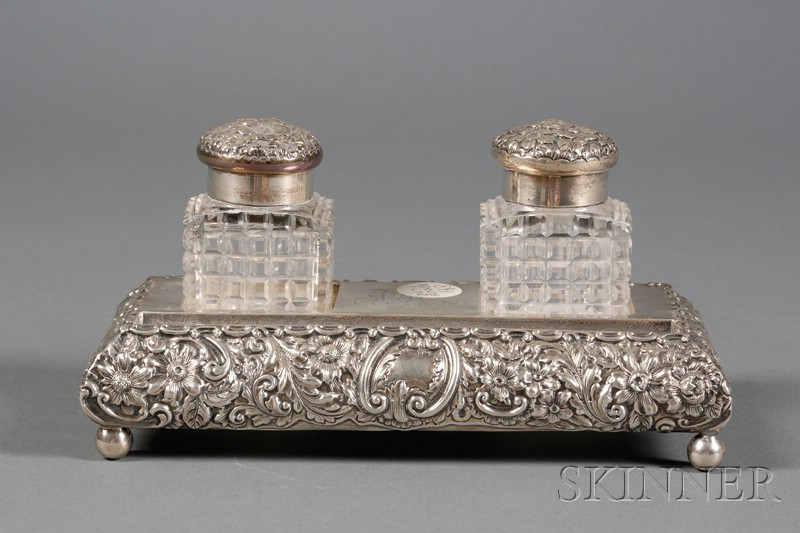 Appraisal: Gorham Sterling Two Bottle Inkstand rectangular chased and embossed with