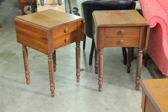 Appraisal: PAIR OF TWO DRAWER DROP LEAF STANDS Walnut stands with