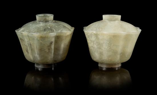 Appraisal: Sale Lot A Pair of Carved Celadon Jade Floriform Covered