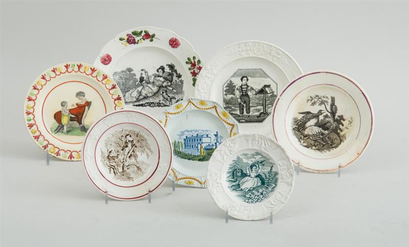 Appraisal: GROUP OF SEVEN TRANSFER-PRINTED PEARLWARE CHILD'S PLATES Including an octagonal