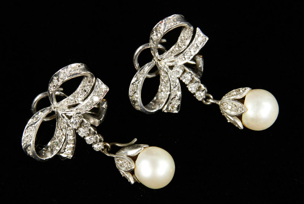 Appraisal: - Pair K Diamond and Pearl Earrings Pair of K