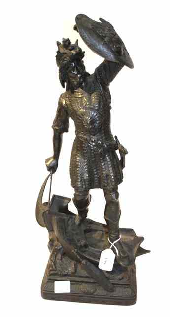 Appraisal: A TH CENTURY SPELTER FIGURE of a warrior upon a