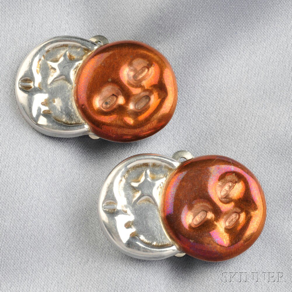 Appraisal: Silver and Copper Sun and Moon Earclips Spratling Taxco lg