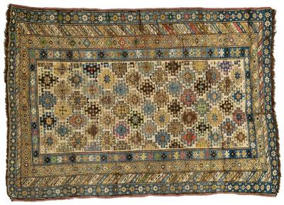 Appraisal: Caucasian rug repeating hook designs on ivory field with multiple