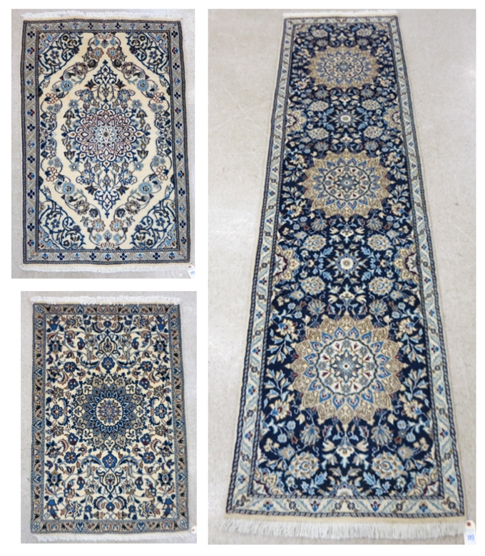 Appraisal: THREE PERSIAN WOOL AND SILK NAIN AREA RUGS Isfahan Province