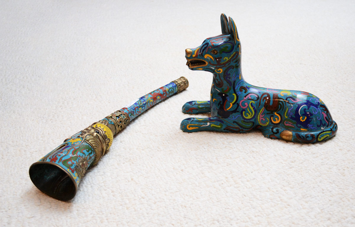 Appraisal: PIECE CLOISONNE DOG FIGURE CEREMONIAL HORN pieces total to include