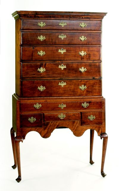 Appraisal: ANTIQUE AMERICAN QUEEN ANNE HIGHBOY th CenturyIn tiger maple and