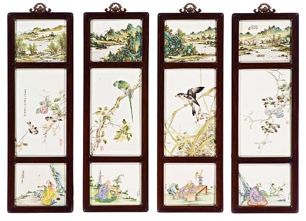 Appraisal: A set of four wall panels with inset enameled porcelain