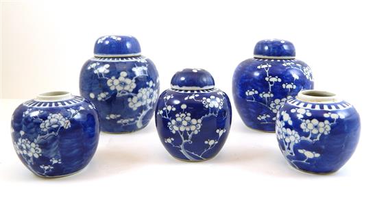 Appraisal: ASIAN Five blue and white Hawthorn pattern ginger jars of