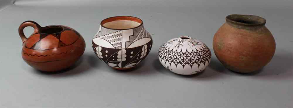 Appraisal: FOUR NATIVE AMERICAN POTTERY OBJECTS Including an oviform bowl signed