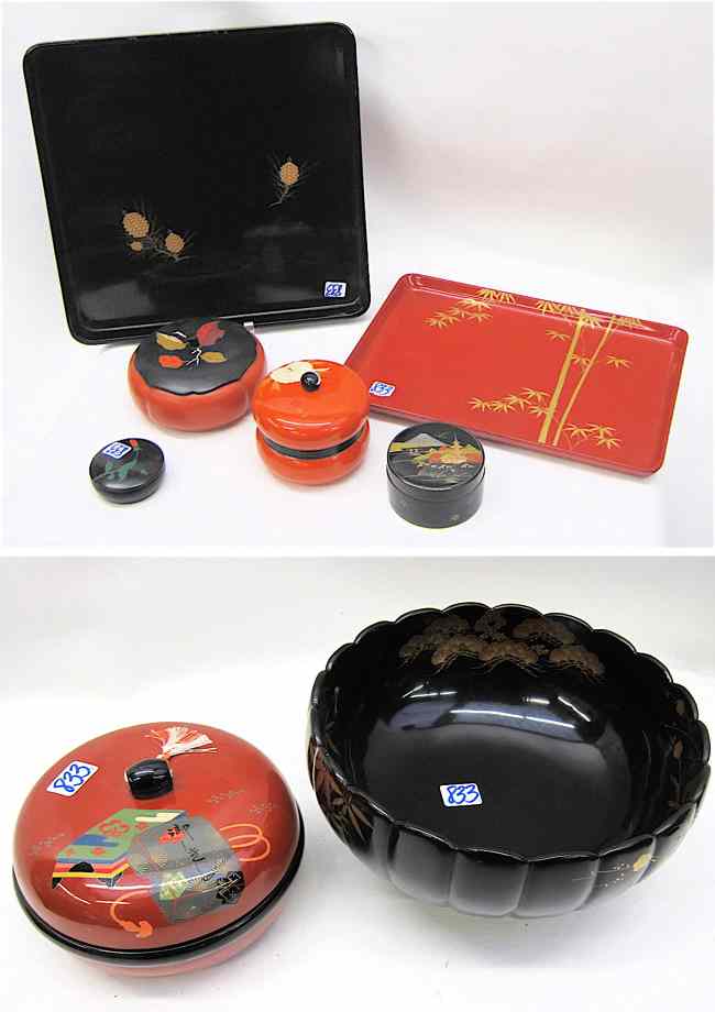 Appraisal: EIGHT JAPANESE LACQUERED PIECES various colors and designs serving trays