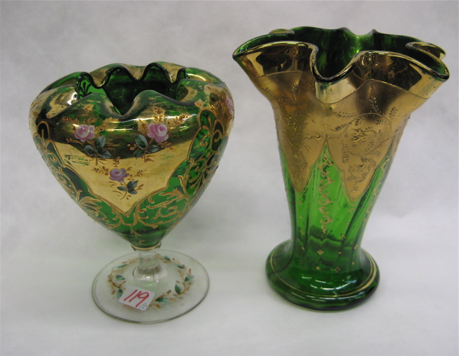 Appraisal: TWO BOHEMIAN GLASS VASES hand enameled green glass with gold