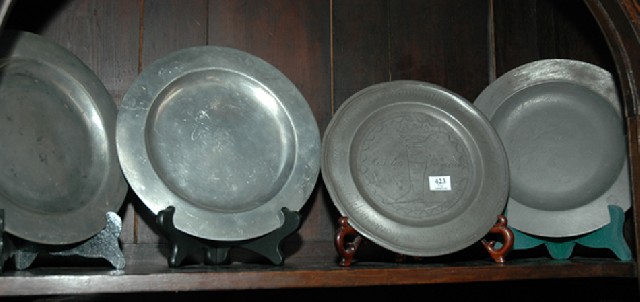 Appraisal: FOUR TH CENTURY PEWTER DISHES One incised and dated The