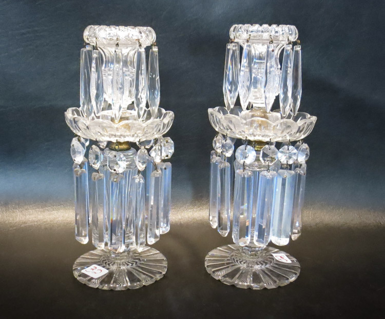 Appraisal: PAIR CUT CRYSTAL LUSTRES with cut pedestal base and hanging