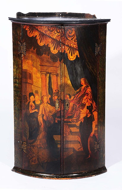 Appraisal: A Georgian painted corner cupboardshowing a royal court scene the