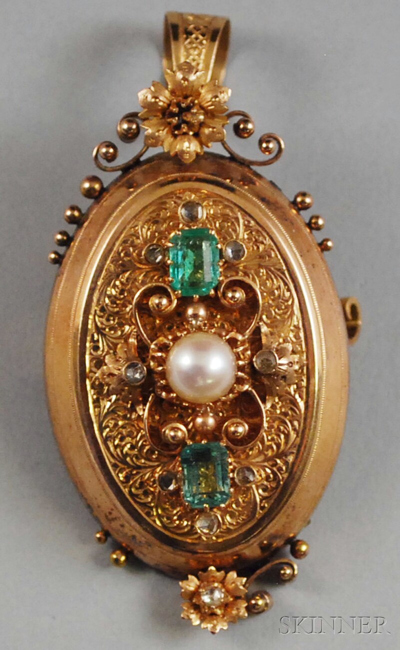 Appraisal: kt Gold Gem-set Locket Pendant Brooch set with emeralds diamonds