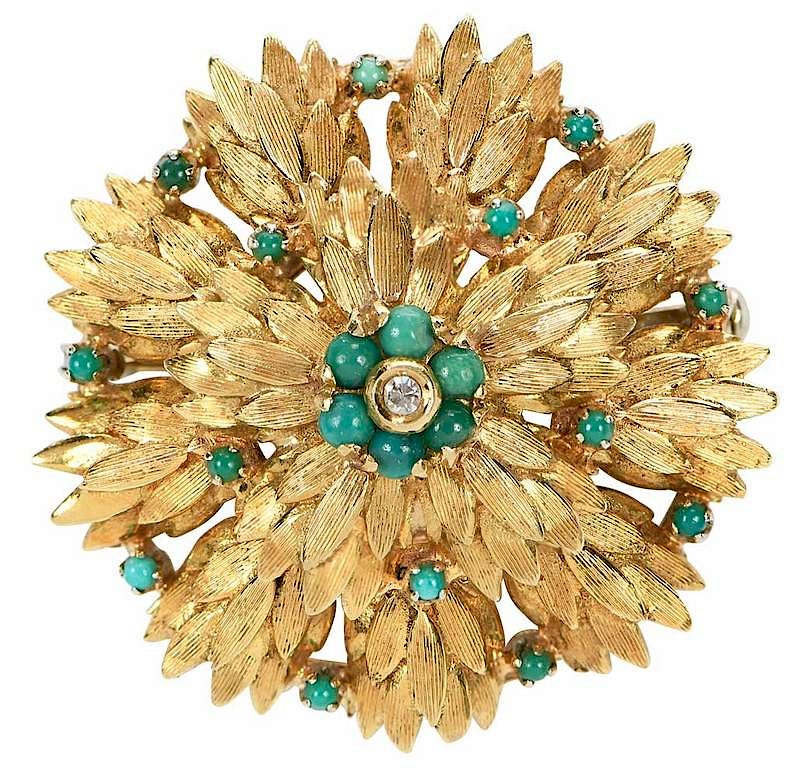 Appraisal: Retro kt Gemstone Brooch one single cut diamond round turquoise