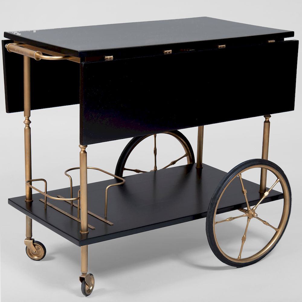 Appraisal: Brass and Lacquer Ebonized Drop Leaf Bar Cart in the