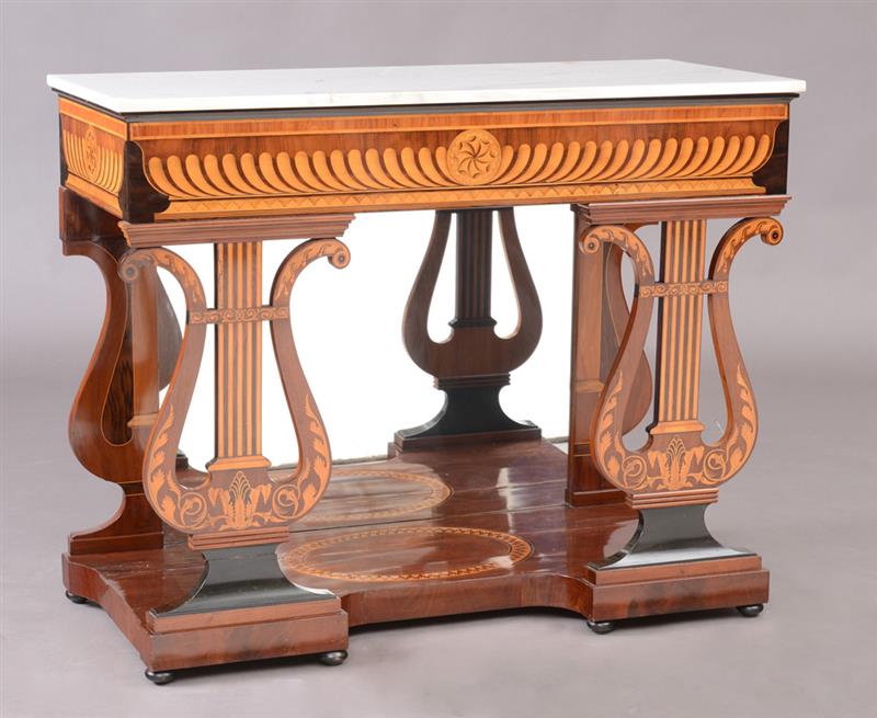 Appraisal: AUSTRIAN NEOCLASSICAL STYLE MAHOGANY AND FRUITWOOD MARQUETRY CONSOLE With a