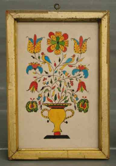 Appraisal: Early watercolor theorem birds flowers in small vase Site ''