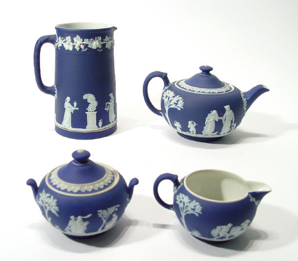 Appraisal: Four piece Victorian Wedgwood dark blue and white Jasperware teaset