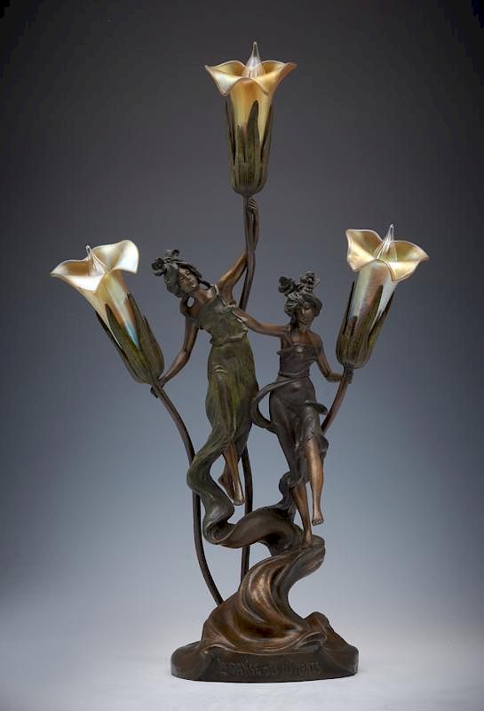 Appraisal: La Danse Des Nymphes bronze lamp with art glass shades