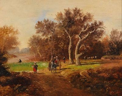 Appraisal: Carl Roux German - Landscape with figures Oil on wood