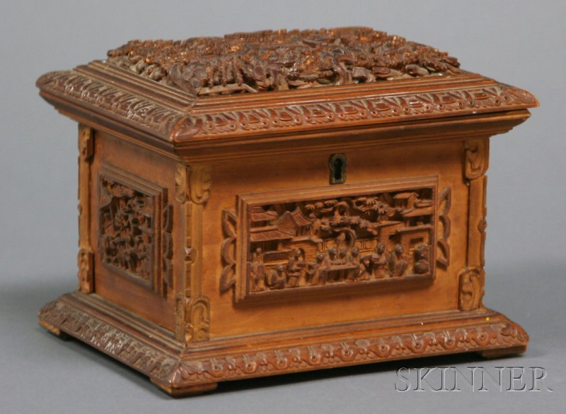 Appraisal: Sandalwood Box China th century deeply carved with figures in