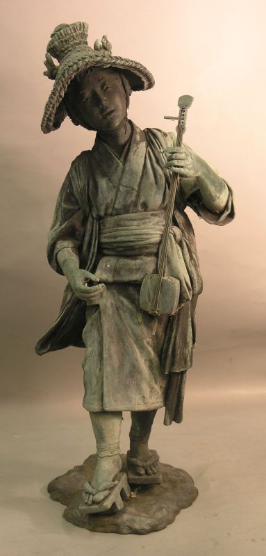 Appraisal: A fine Japanese bronze figure of a girl with shamisen