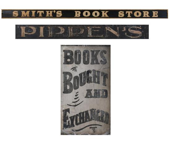 Appraisal: THREE VINTAGE BOOKSELLER ADVERTISING SIGNS Smith's Book Store painted wooden