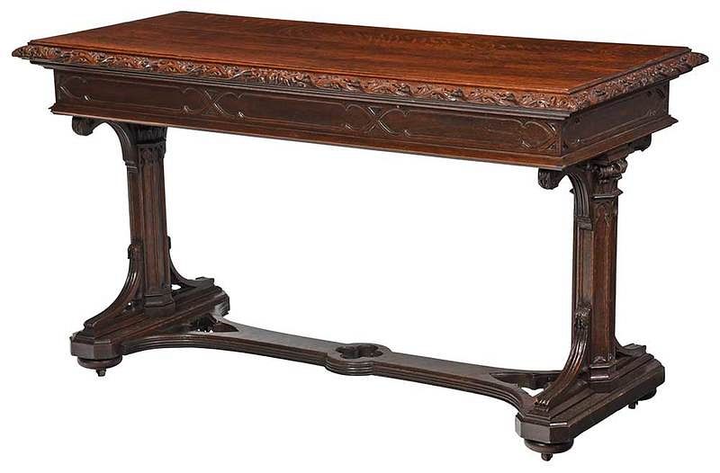 Appraisal: Gothic Revival Library Table early th century leaf carving and