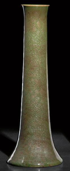 Appraisal: GRAND FEU Exceptional trumpet-shaped vase covered in mottled green and