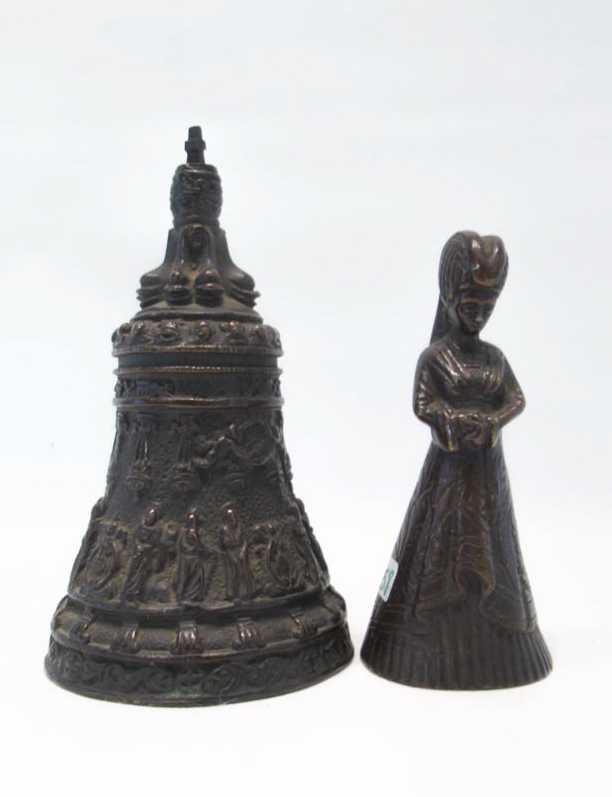 Appraisal: TWO BRONZE BELLS figural bell in the form of an