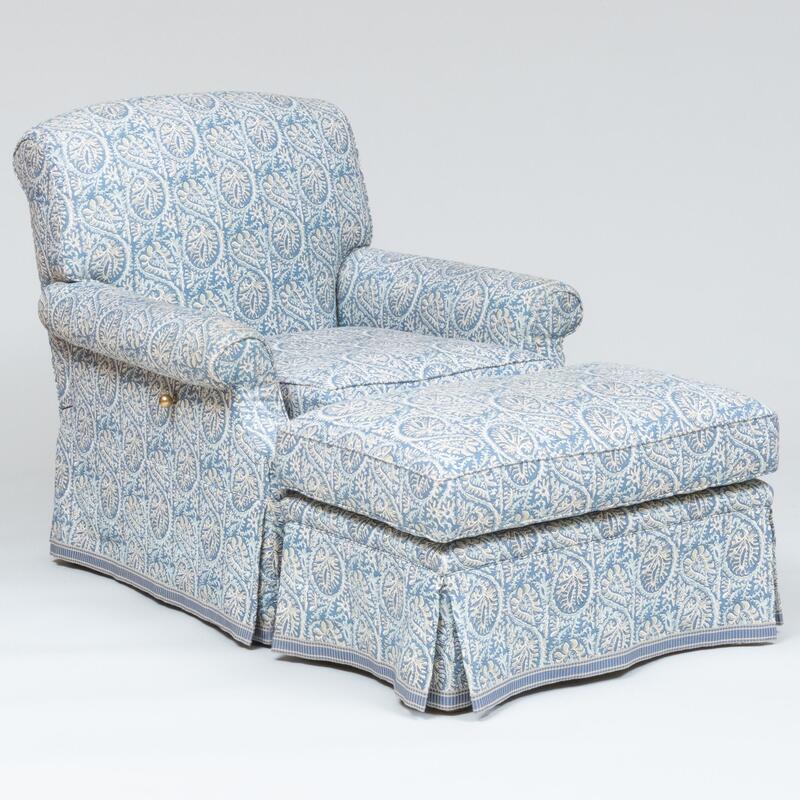 Appraisal: Contemporary Linen Upholstered Reclining Club Chair with Matching Ottoman A