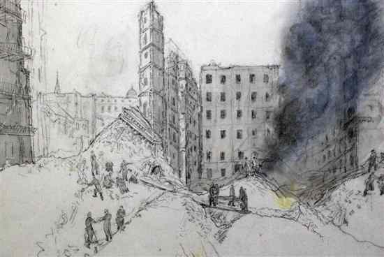 Appraisal: Hubert Arthur Finney - charcoal and watercolour After the blitz