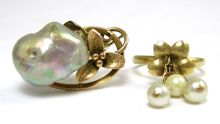 Appraisal: TWO PEARL AND FOURTEEN KARAT GOLD RINGS yellow gold floral