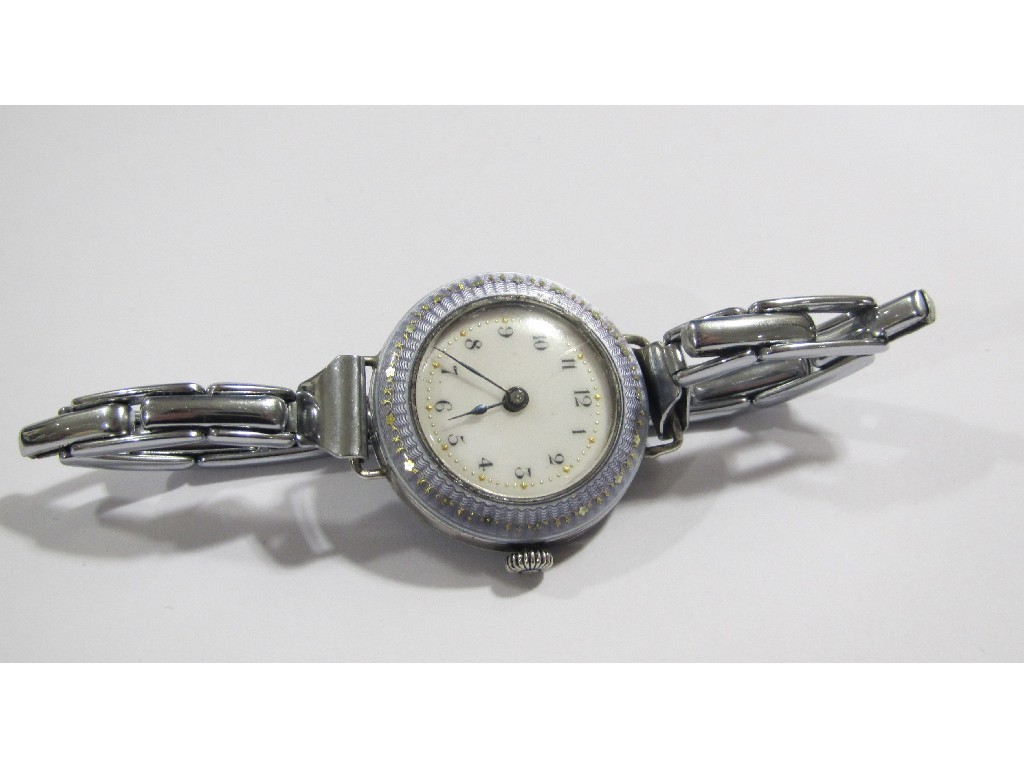 Appraisal: Ladies silver cased wrist watch with purple guilloche enamel surrounding